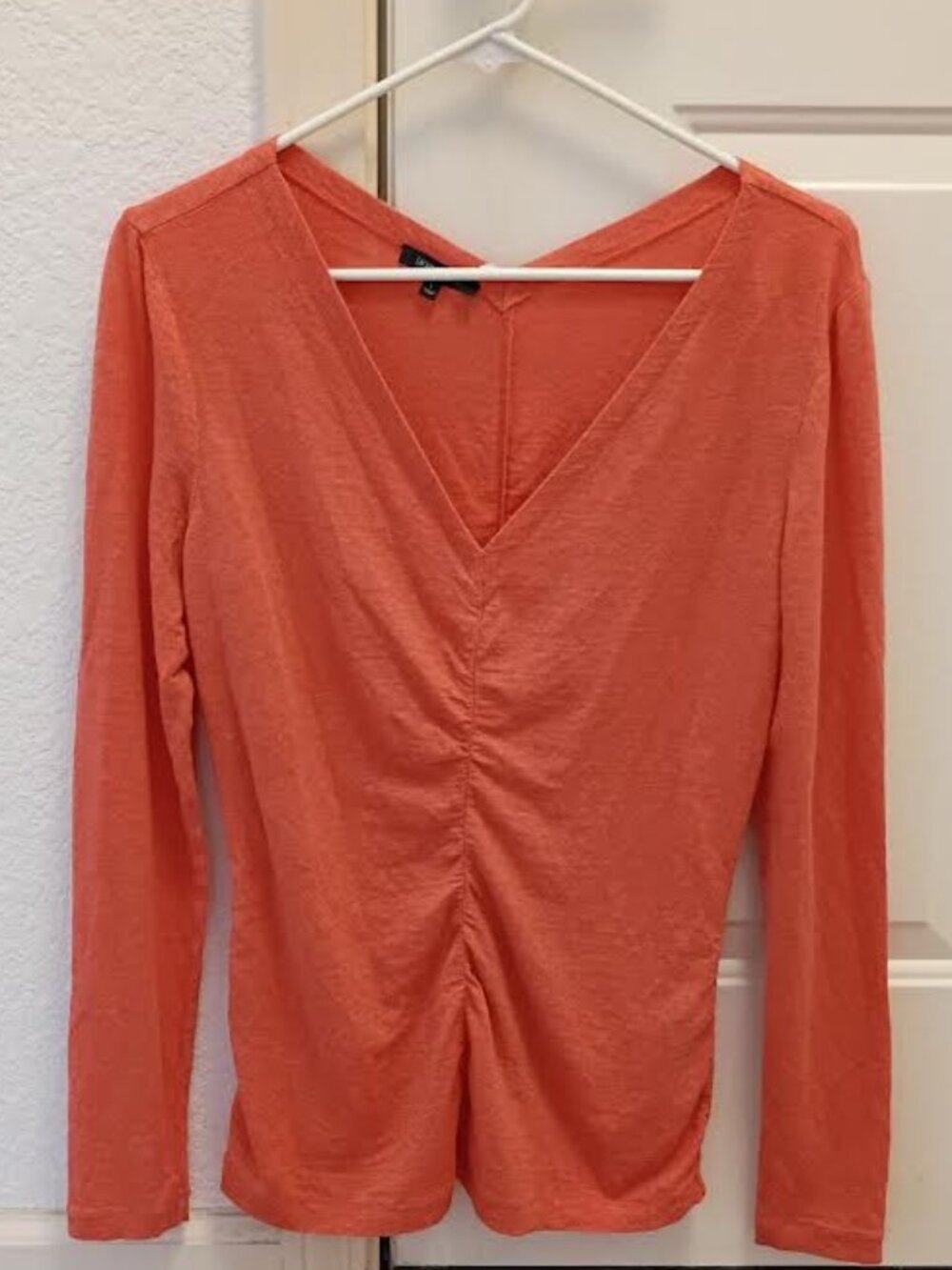 LAFAYETTE 148 WOMEN'S TOP LONG SLEEVE CORAL LINEN RUCHED DOUBLE VEE SIZE LARGE
